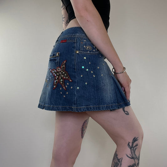 Y2K sequin butterfly pleated denim mini skirt