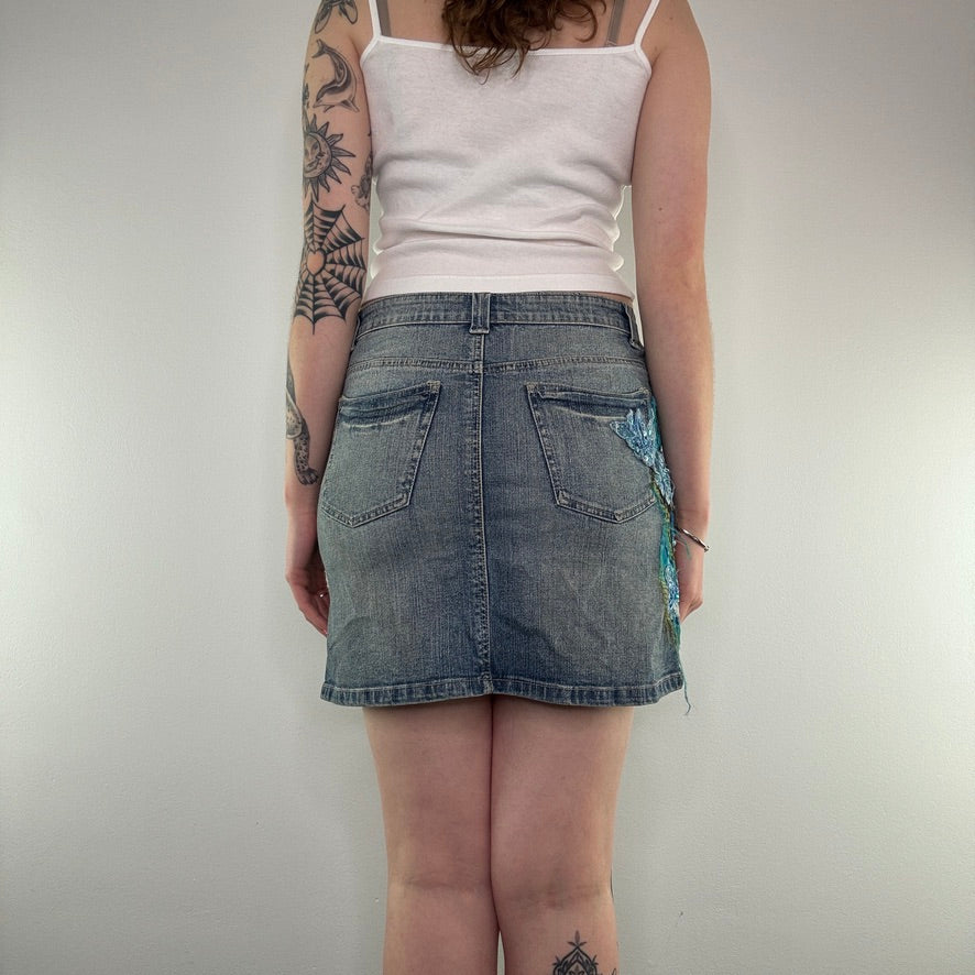 Y2K snake floral faded denim mini skirt