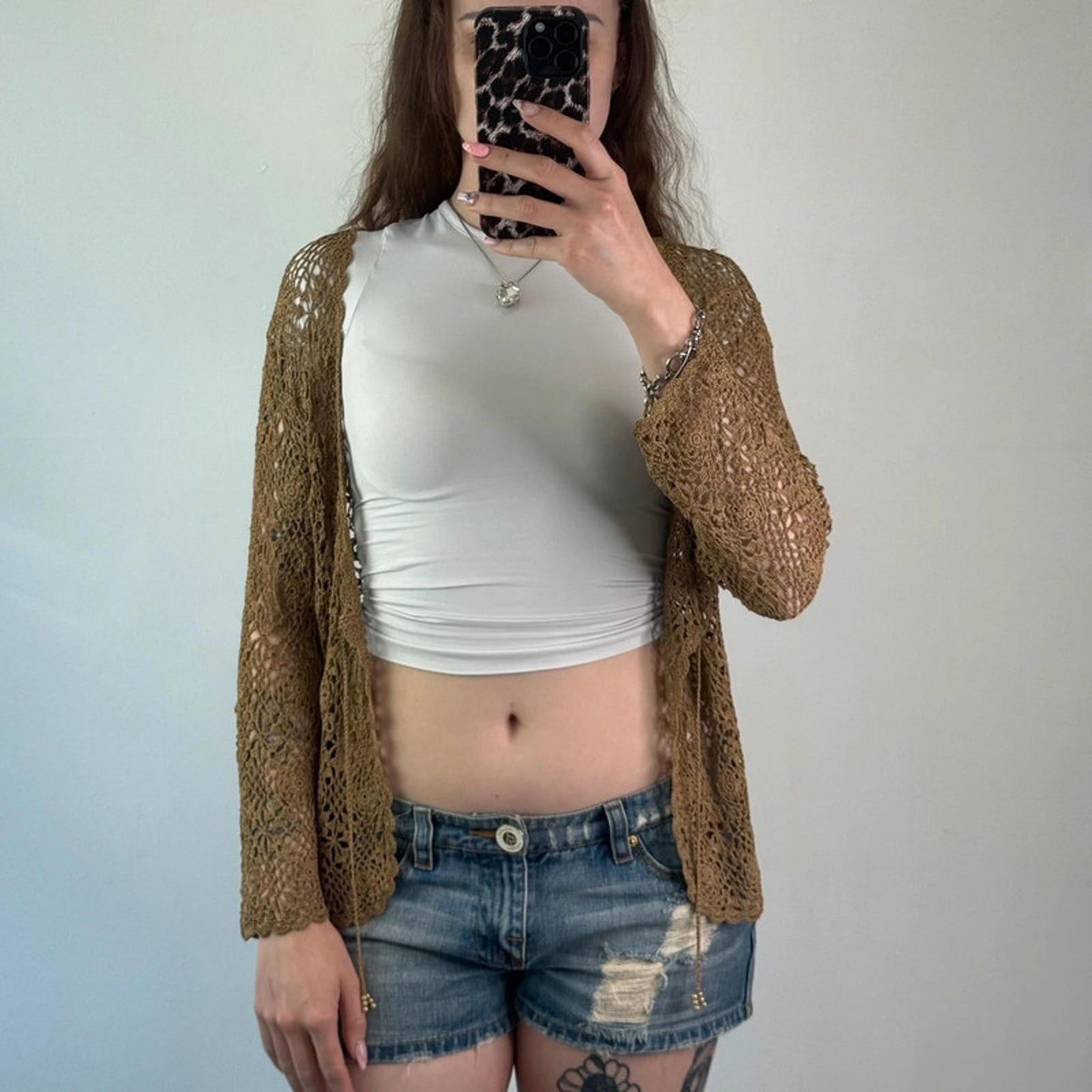 Y2K vintage crochet floral long sleeve cardigan boho tie bow front sheer summer