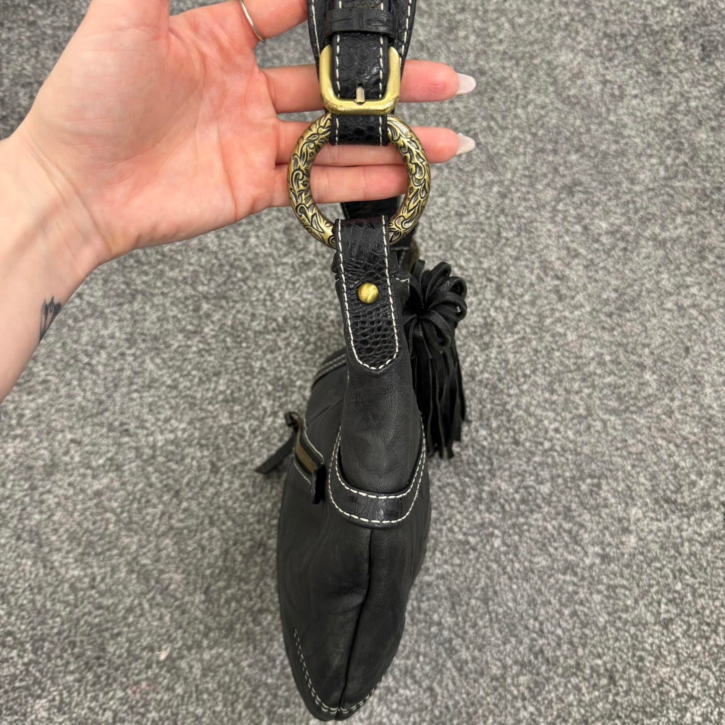 Y2K vintage genuine leather shoulder bag butter soft fringe charm hobo slouchy