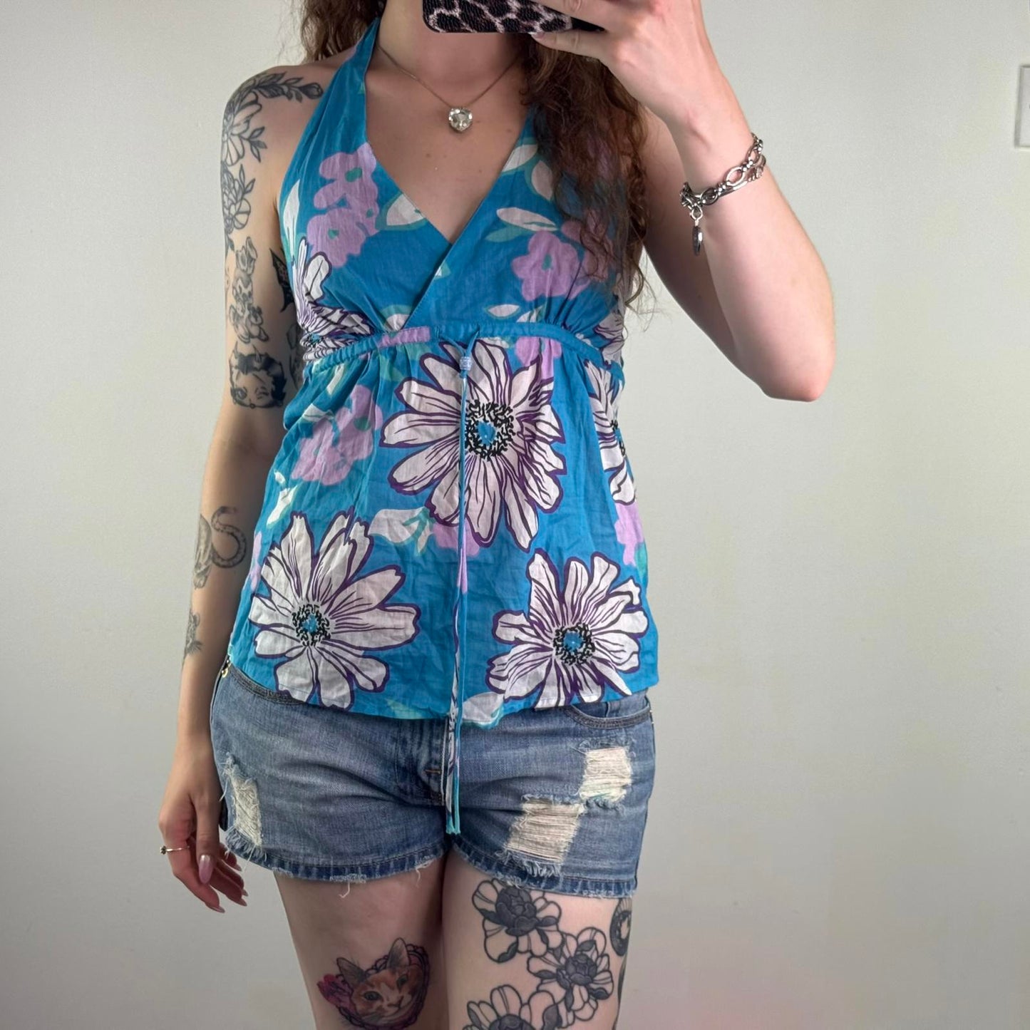 Y2K vintage halter neck floral v neck top beaded adjustable bow bust ruched