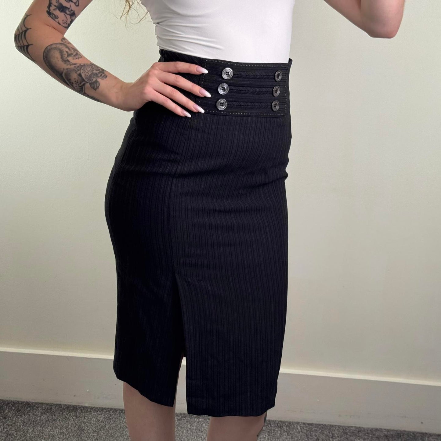 Y2K vintage Karen Millen wool cashmere pinstripe midi skirt buttons tailored