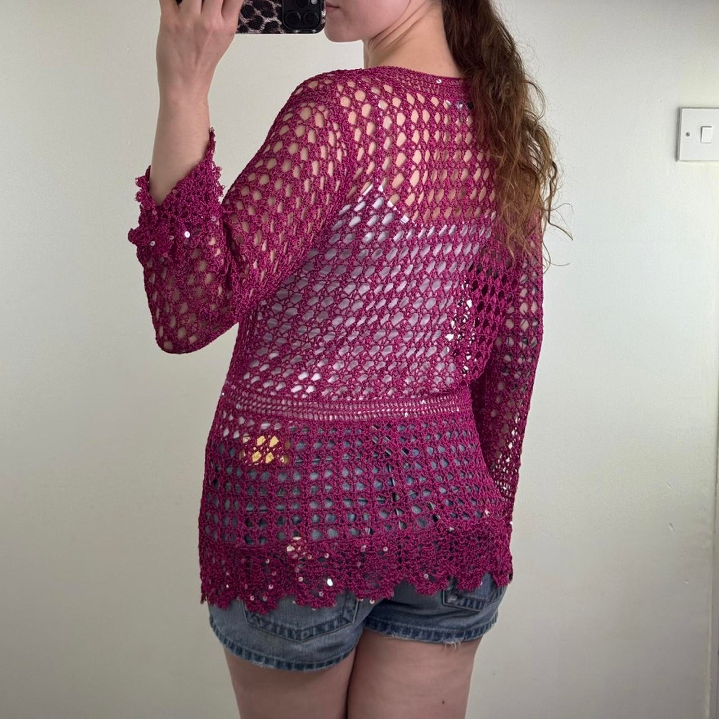 Y2K vintage crochet cardigan sequin button up scallop hem pink v neck knit sheer