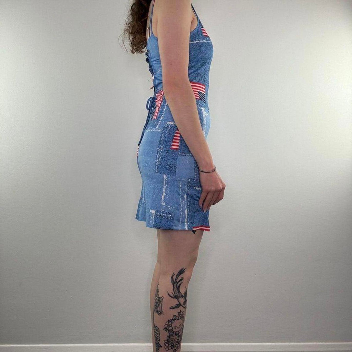 Y2K vintage USA mini dress America flag denim print mesh lace up back stretchy