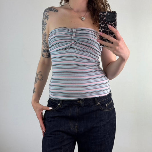 Y2K vintage stripe strapless ruched bust top stretchy pink blue black