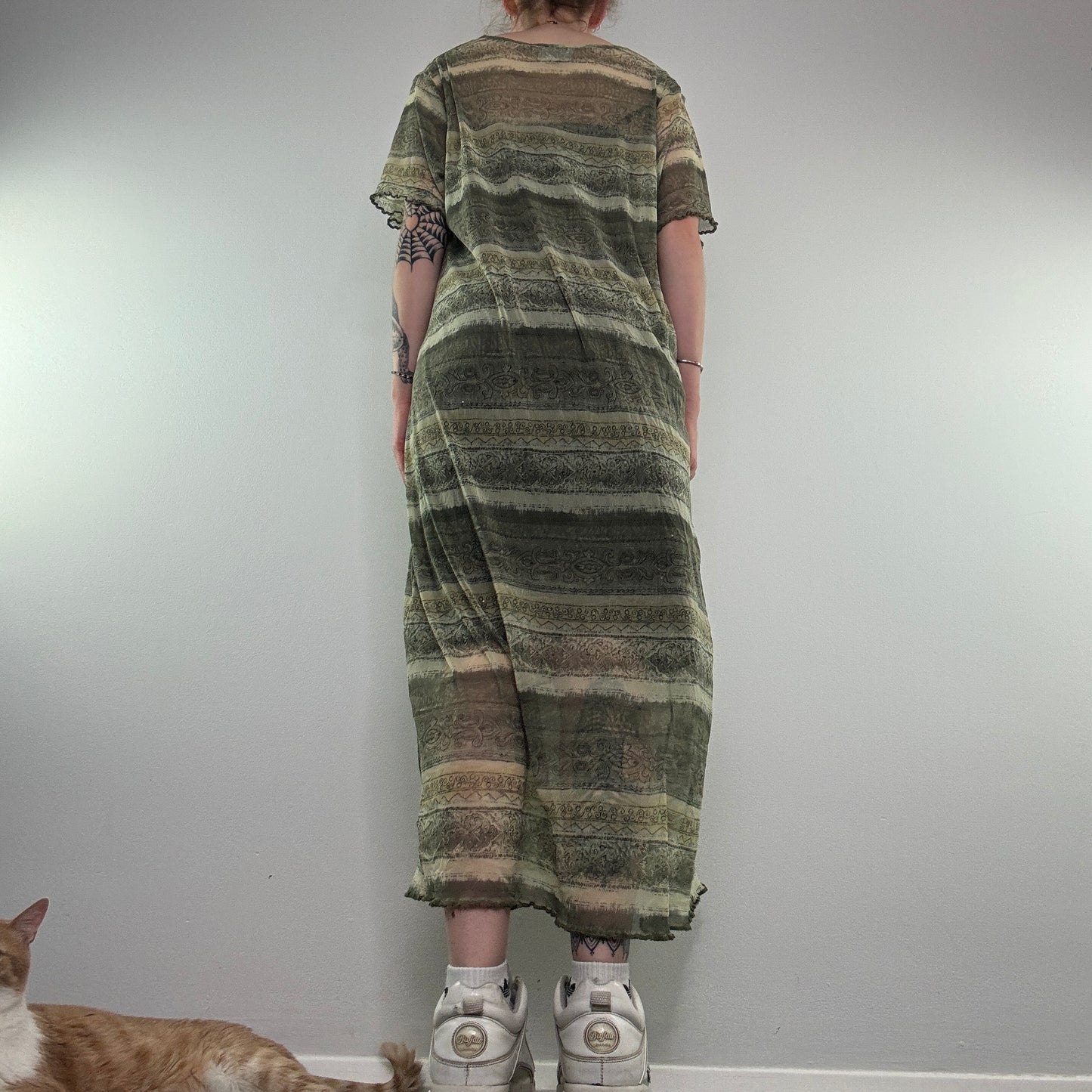 Y2K pattern stripe mesh short sleeve maxi dress