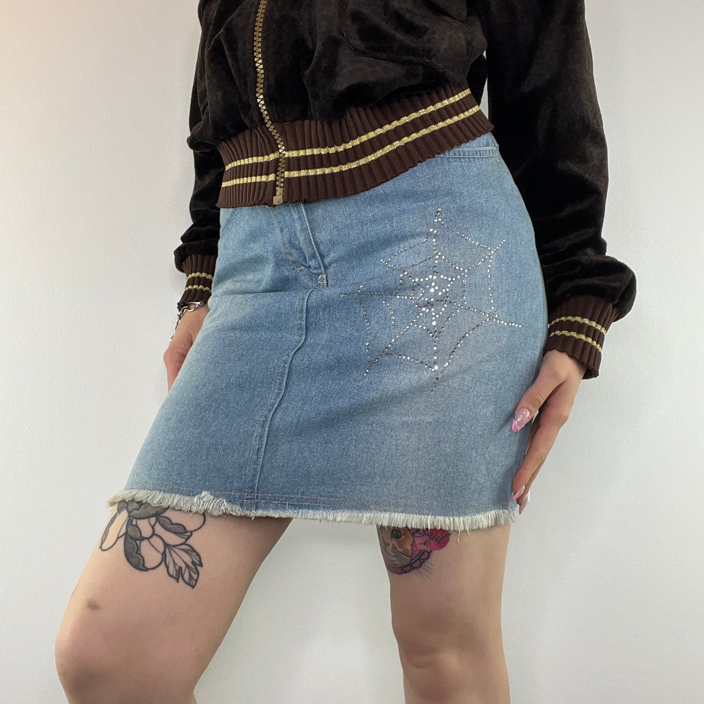 Y2K rhinestone spiderweb denim mini skirt