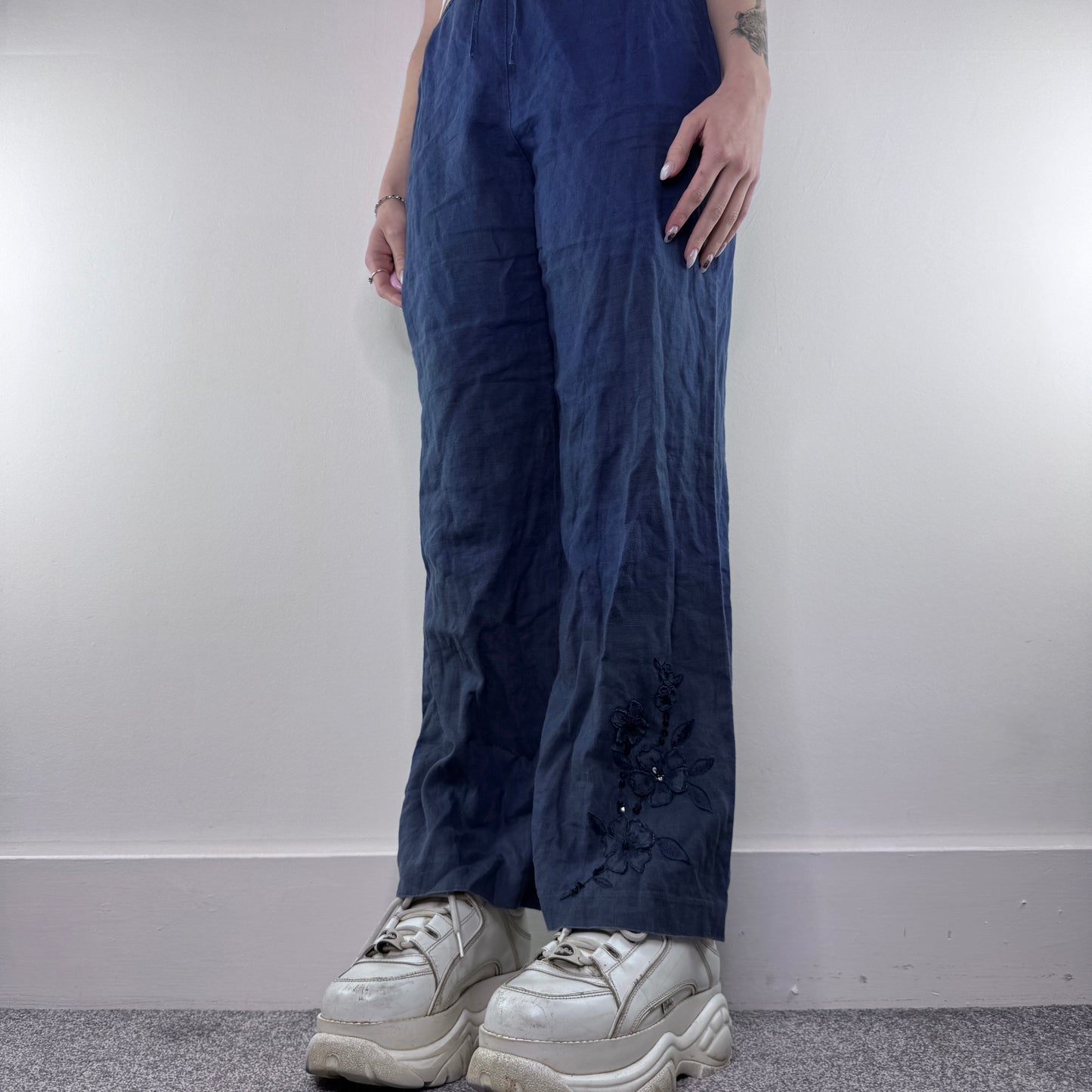 Y2K vintage linen floral sequin baggy trousers