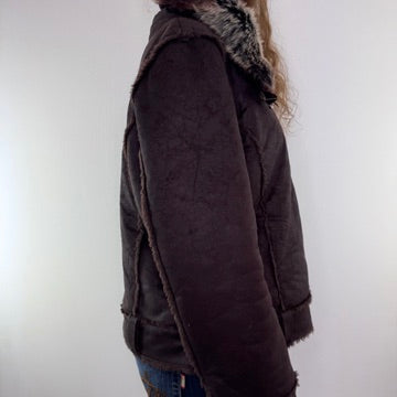 Y2K vintage faux suede zip up jacket faux fur collar trim