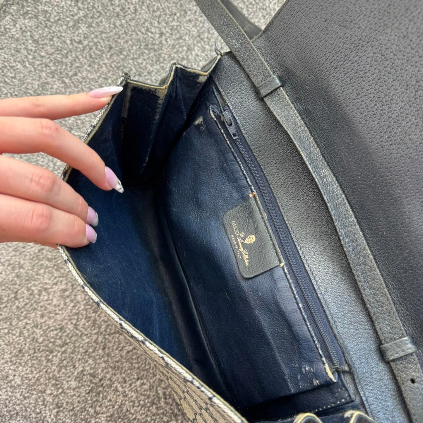 Vintage Gucci Ophidia canvas crossbody bag monogram navy blue cream clutch