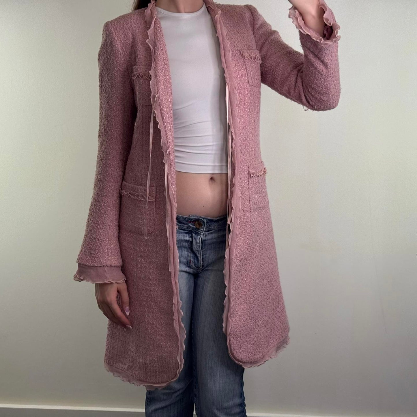 Y2K vintage wool blend long trench coat shoulder pads frill pink bow tweed