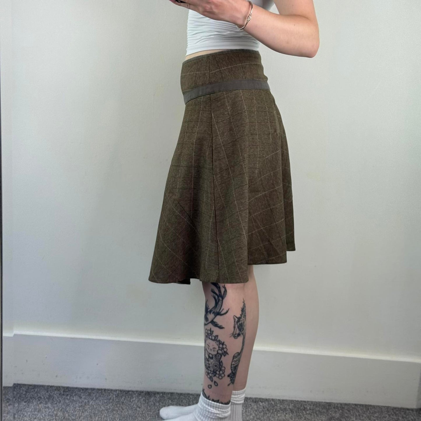 Y2K vintage Bay tweed check print midi skirt asymmetrical buckle a line