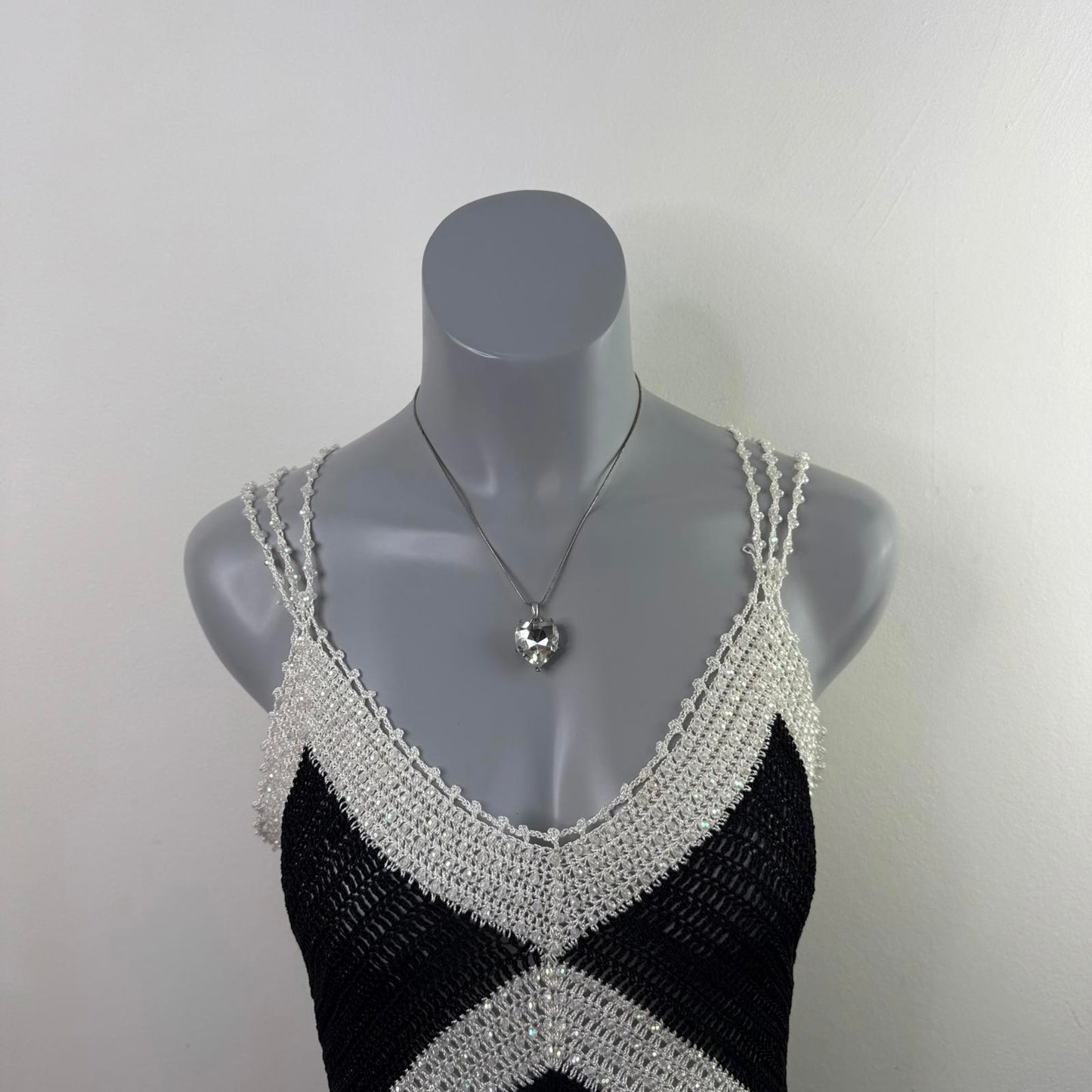 Y2K vintage crochet beaded sheer knit tank top strappy racerback chevron print