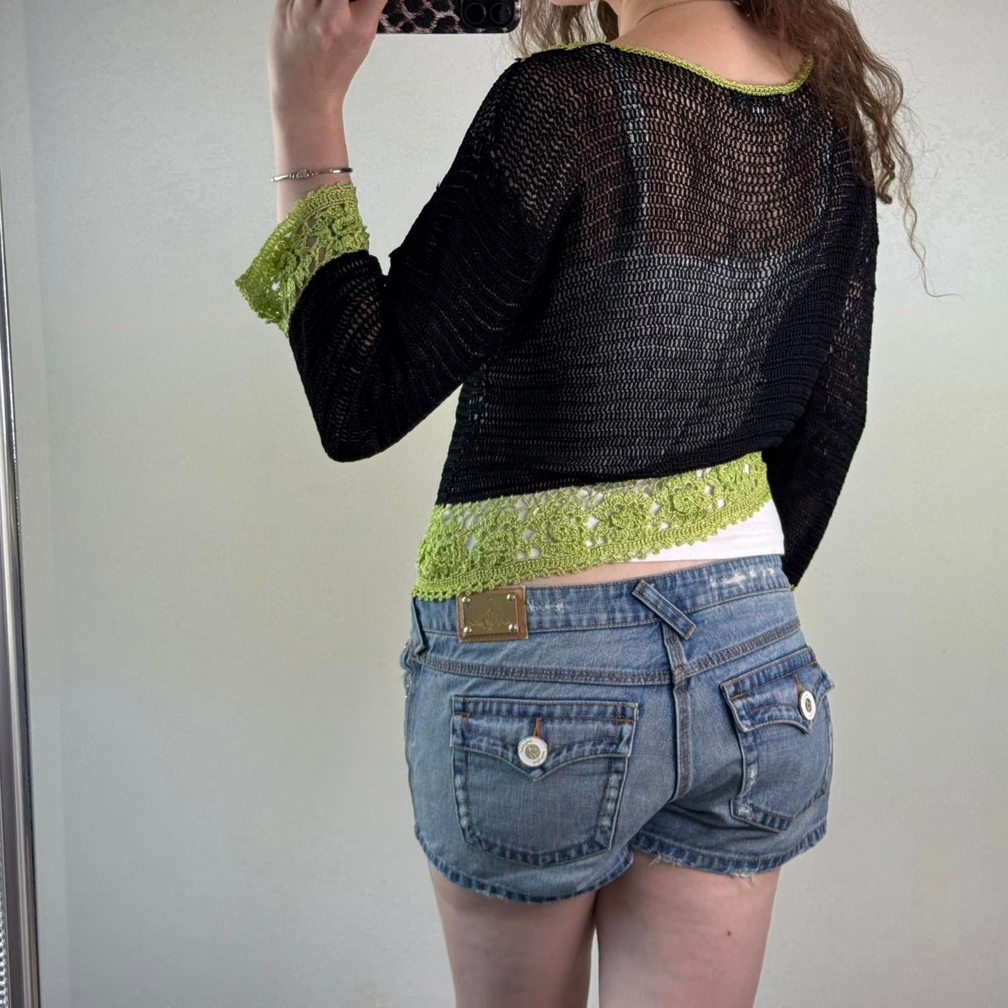 Y2K vintage crochet button up cardigan black green v neck floral pattern sheer