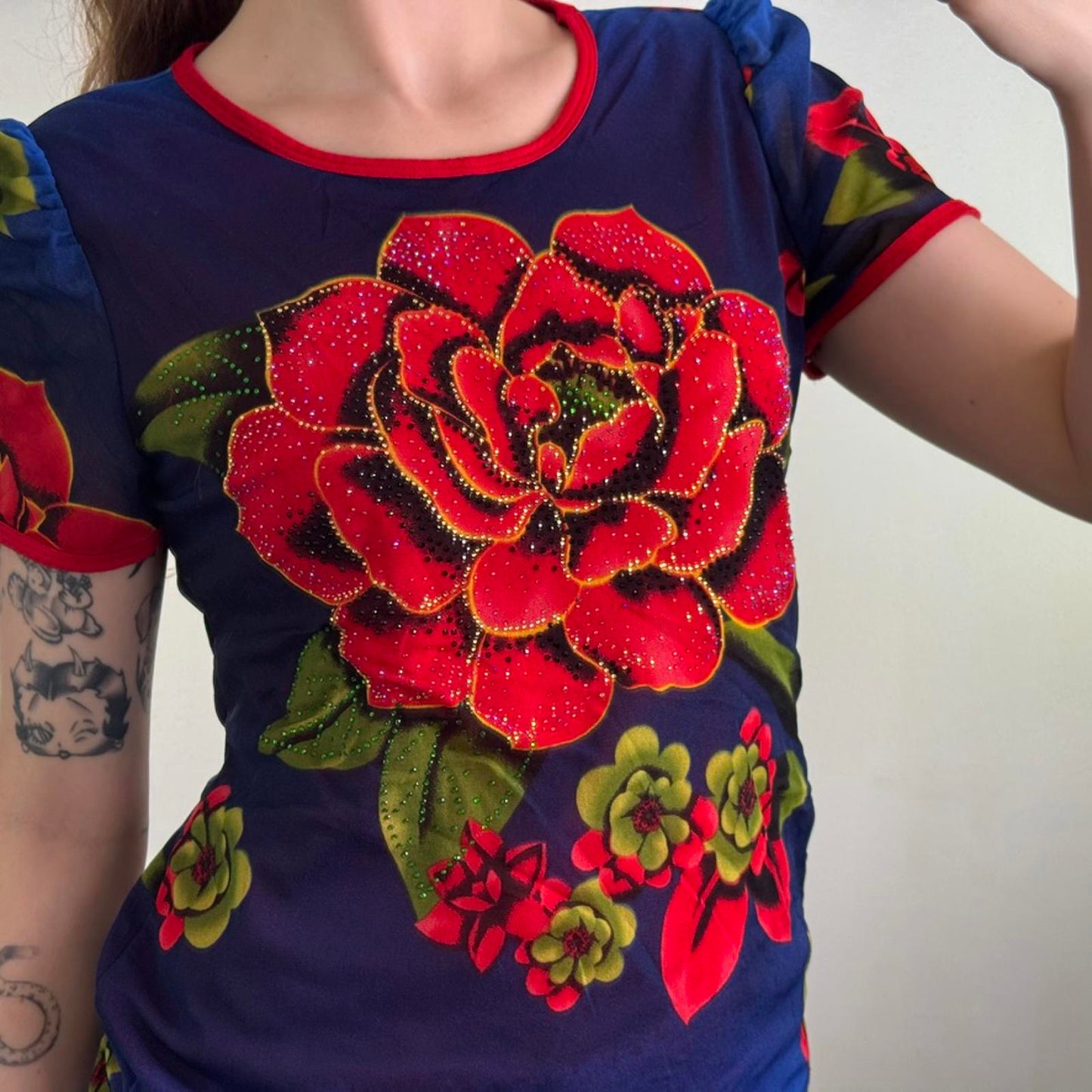 Y2K vintage double mesh stretchy t shirt top rose floral studded puff sleeve