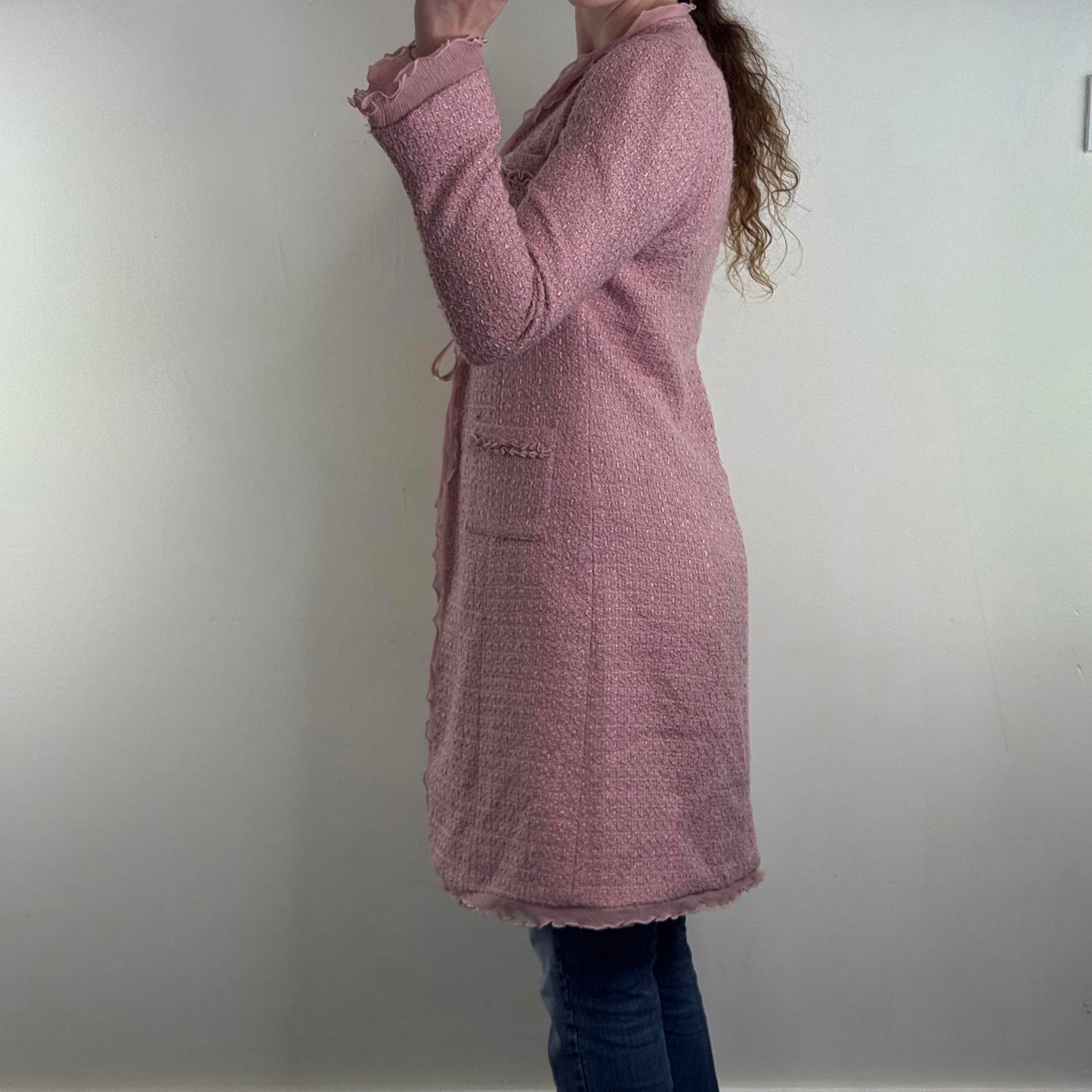 Y2K vintage wool blend long trench coat shoulder pads frill pink bow tweed