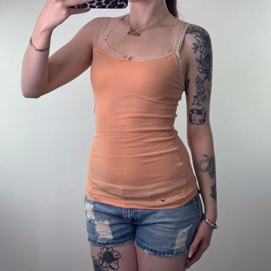 Y2K vintage Hollister tank top lace trim strappy bow peach apricot orange fitted