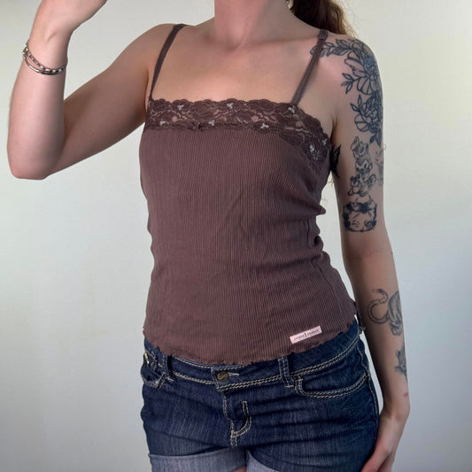 Y2K vintage ribbed cami top lace trim bust square neck bow lettuce hem brown