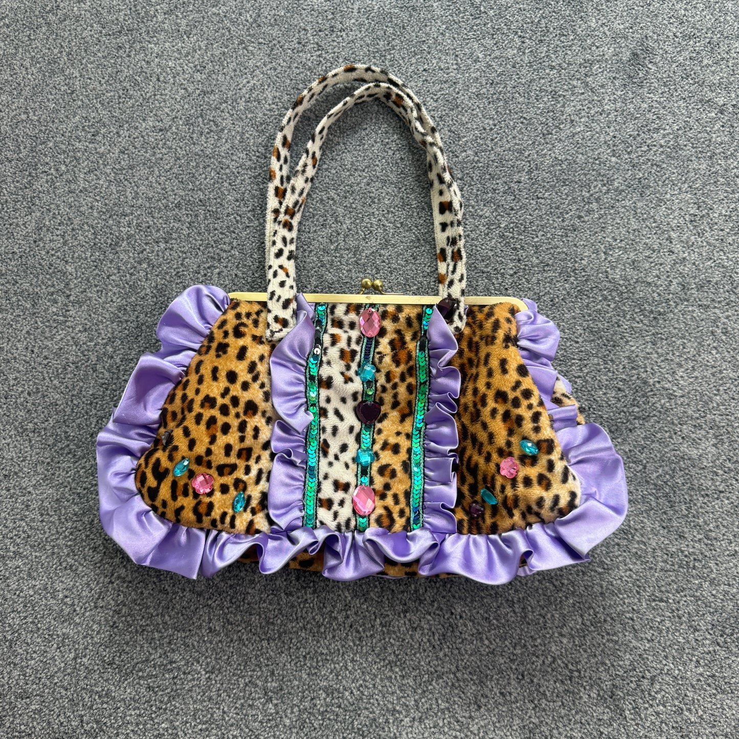 Y2K vintage leopard print jewel ruffle shoulder bag