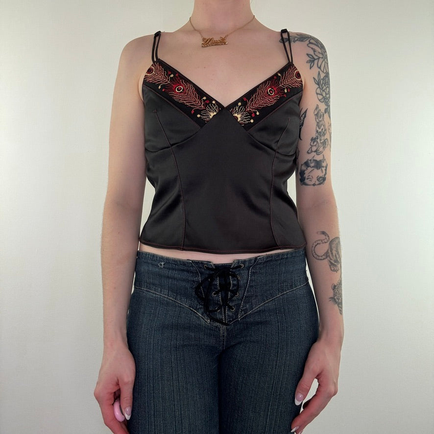 Y2K vintage satin cami embroidered lace up top