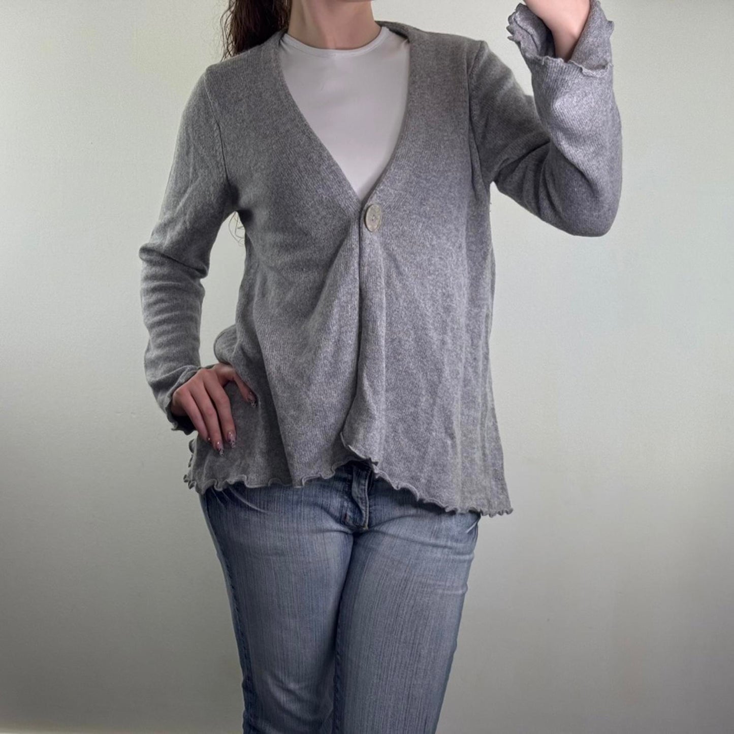 Y2K vintage cashmere angora blend cardigan button up lettuce hem