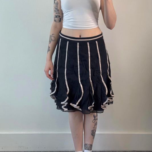 Y2K vintage part silk midi skirt black pink stripe ruffle knee length a line fit