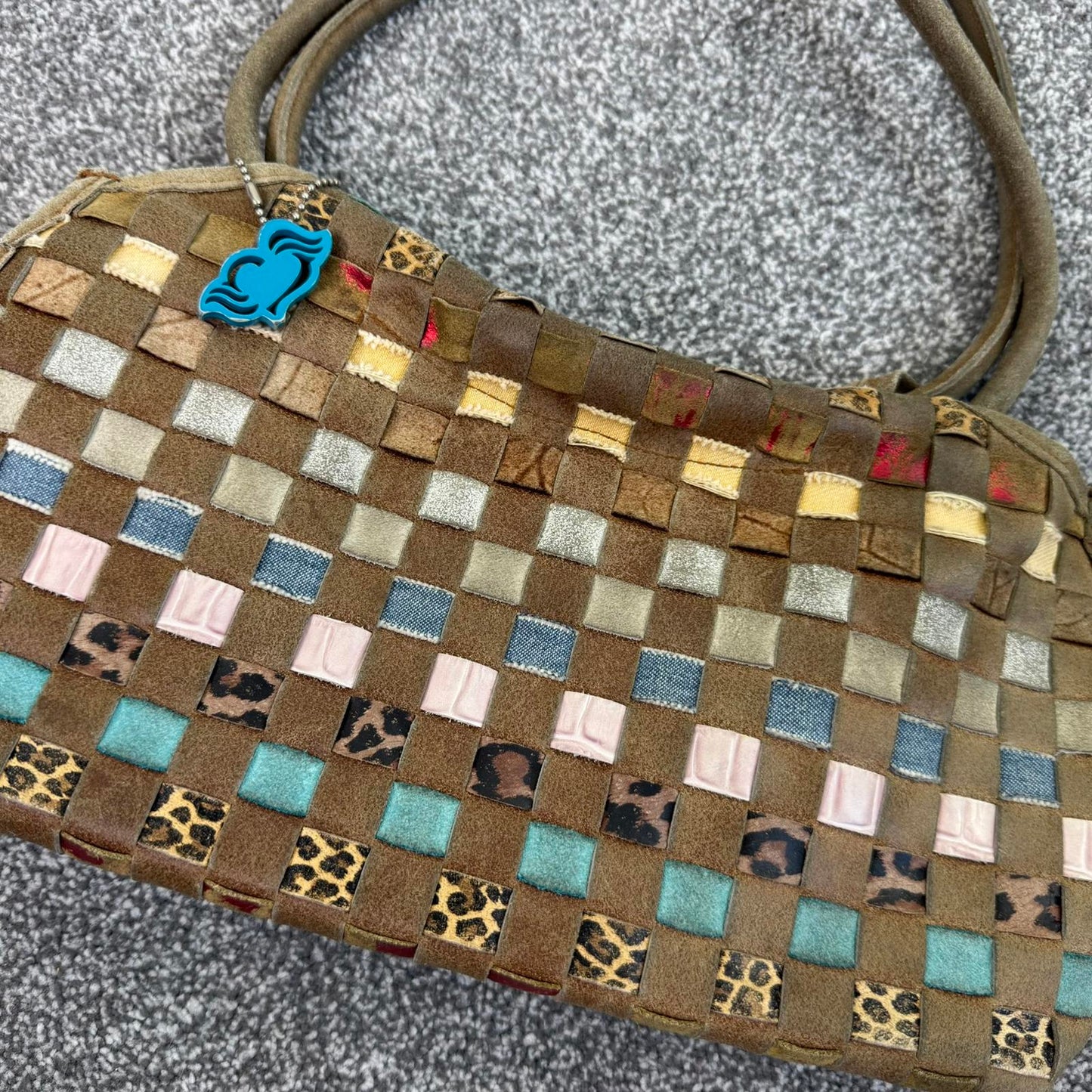 Y2K vintage suede shoulder bag woven leopard print denim pink blue brown