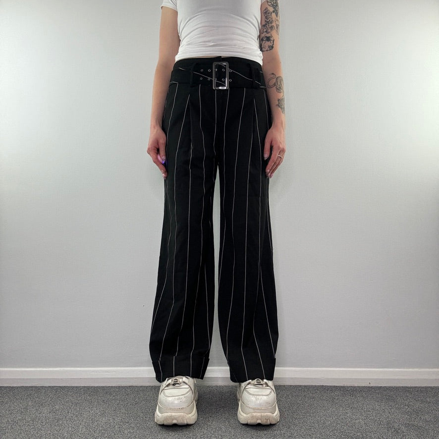 Y2K vintage pinstripe belt wide leg office work trousers