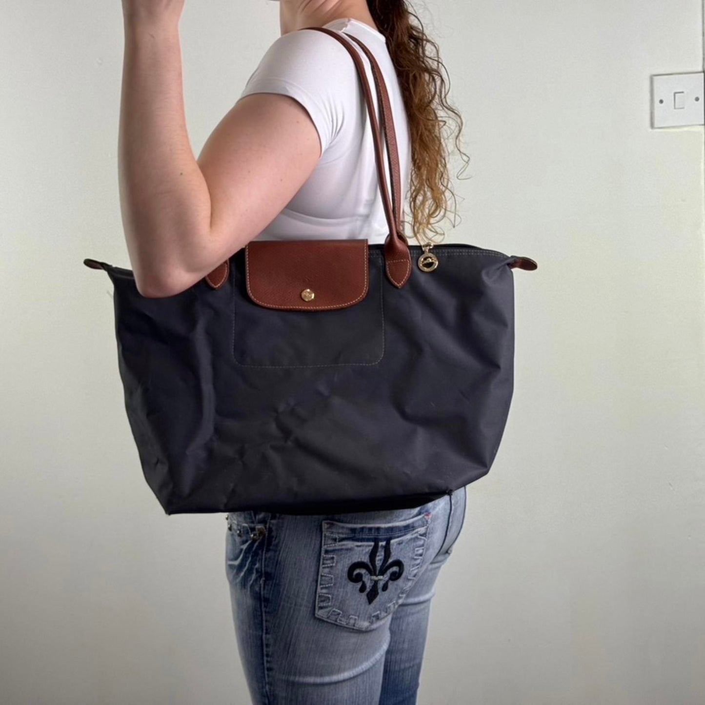 Longchamp large shoulder bag navy brown shopper