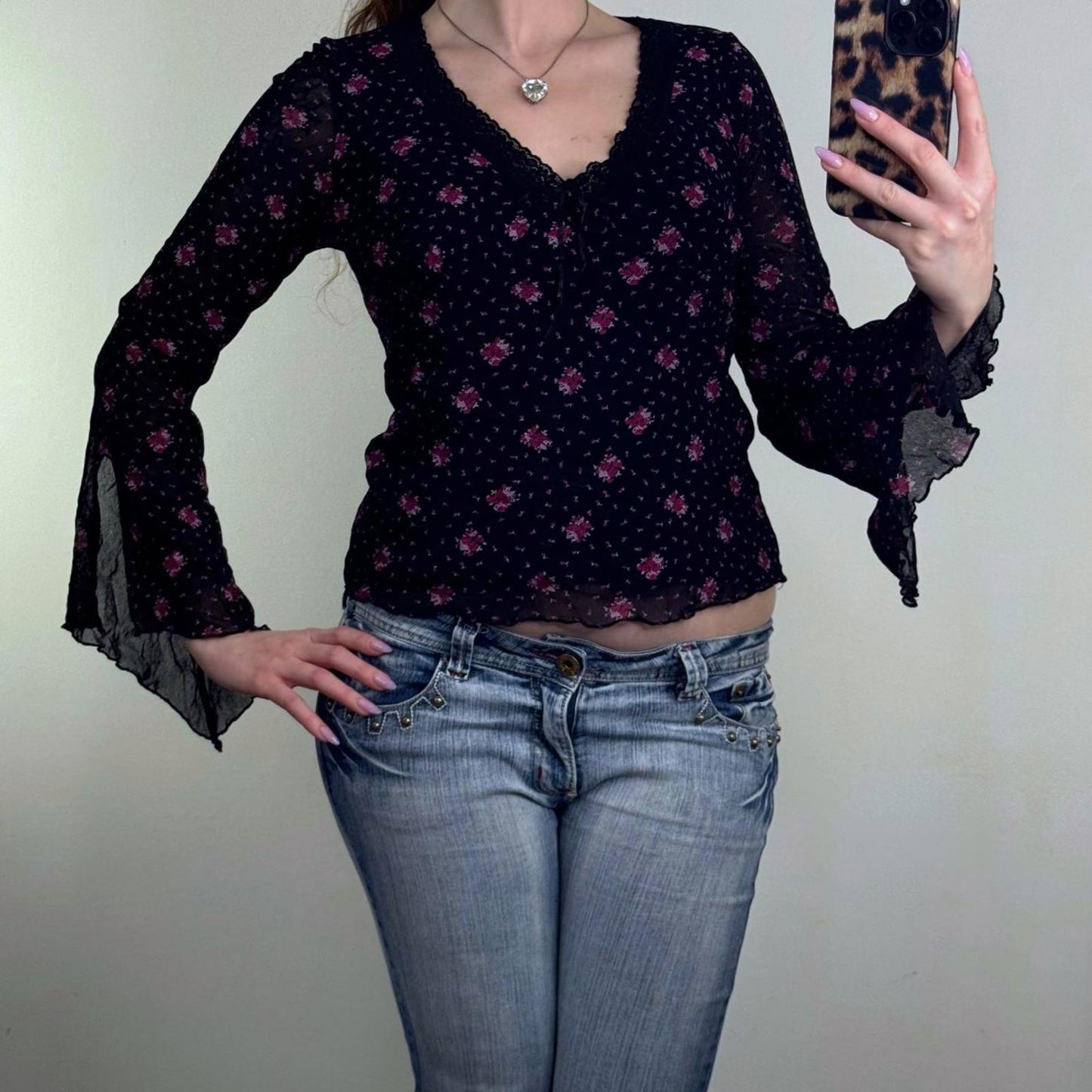 Y2K vintage long sleeve top double mesh flare v neck lace trim ditsy floral