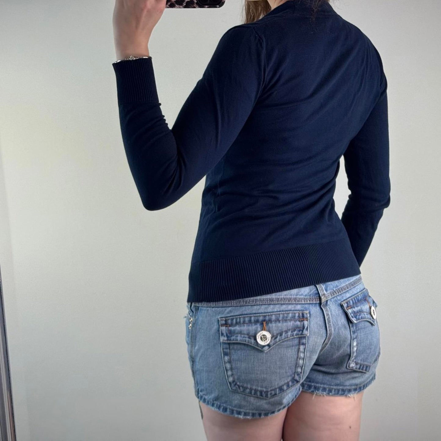 Tory Burch button up cardigan cotton navy v neck long sleeve fine knit