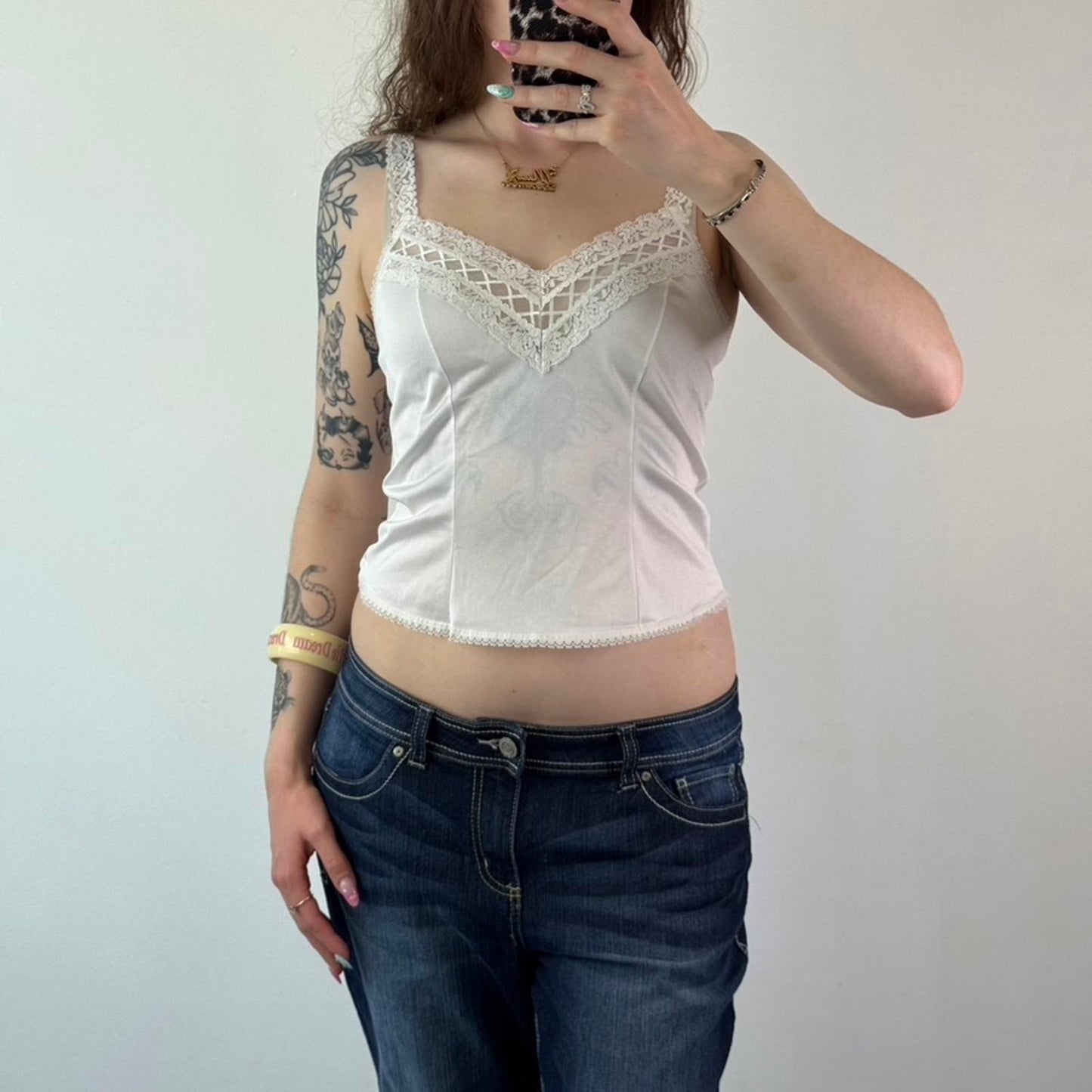 Y2K vintage sheer lingerie cami top v neck lace trim straps white small