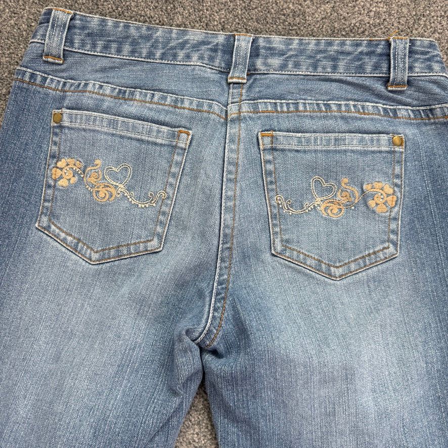 Y2K vintage bootcut faded denim low rise heart embroidered studded jeans