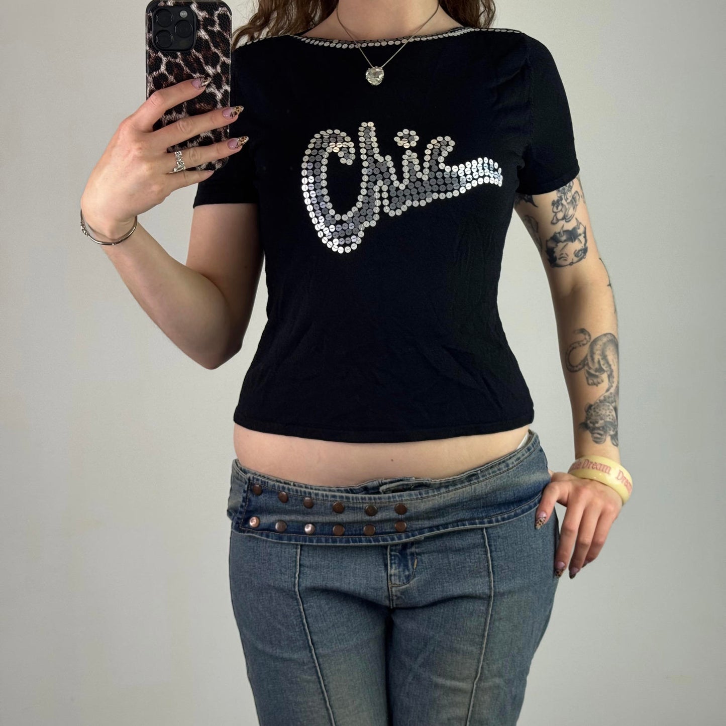Y2K vintage fine knit chic sequin short sleeve t shirt slight crop baby tee fit