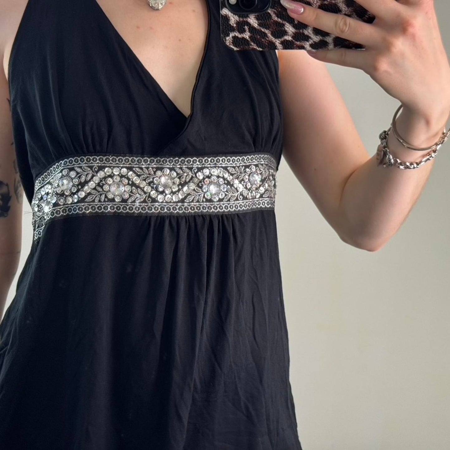 Y2K vintage halter neck top floral bust trim sequin rhinestone tie bow stretchy