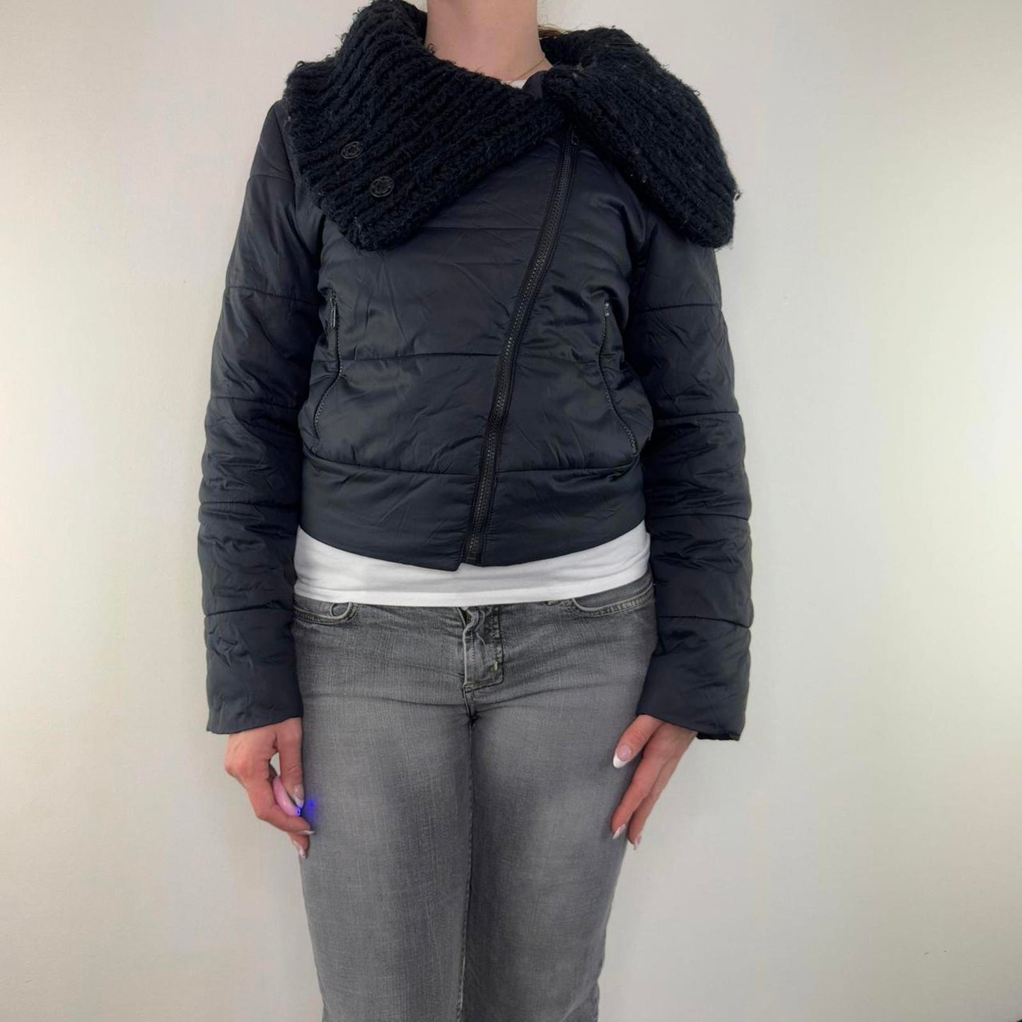 Y2K vintage Kookai short puffer coat asymmetrical zipper jacket knitted collar