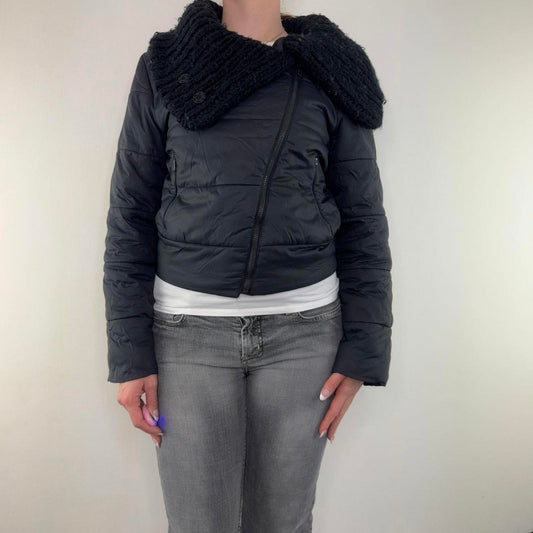 Y2K vintage Kookai short puffer coat asymmetrical zipper jacket knitted collar