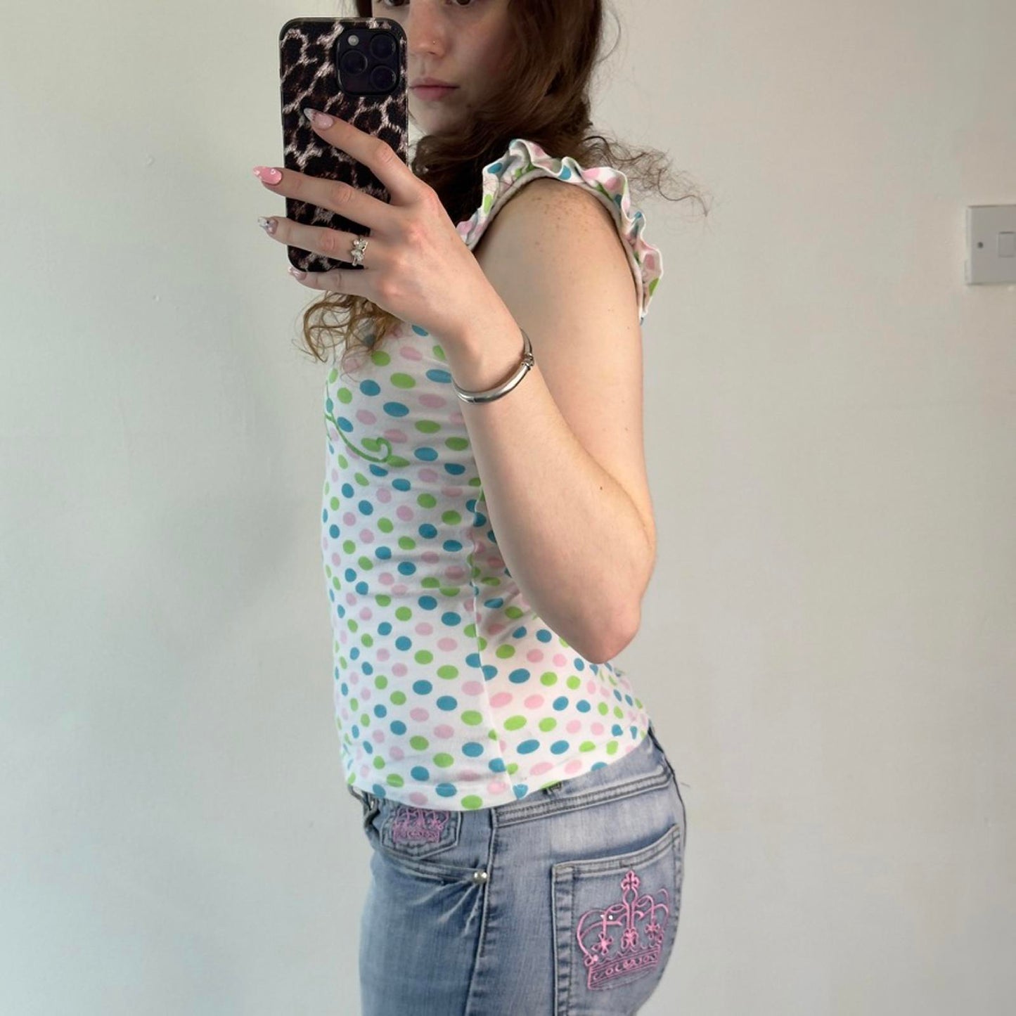 Y2K vintage Animal polka dot spotty frill tank top