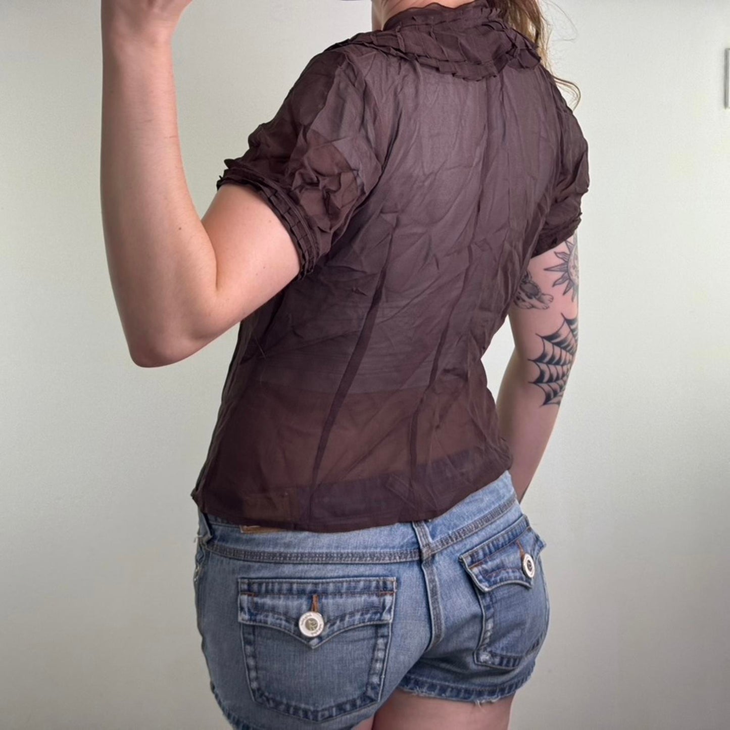 Y2K vintage 100% pure silk short sleeve blouse v neck pleated ruffle frill sheer