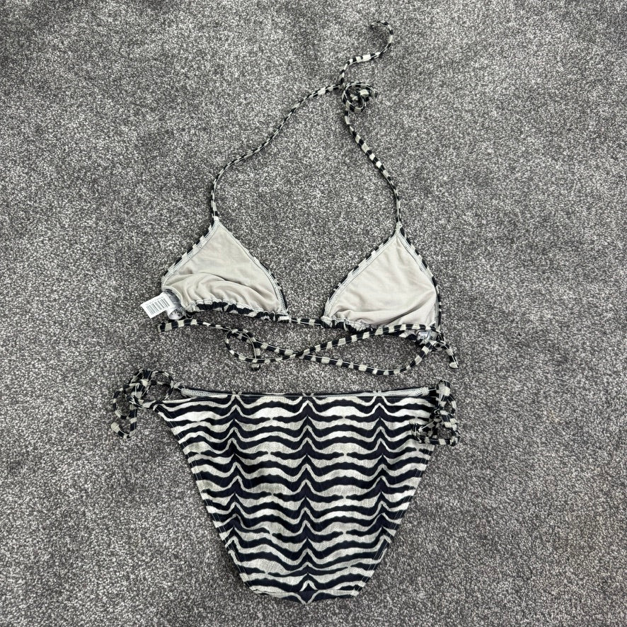 Y2K vintage bikini zebra embellished co ord tie sides bow halter neck non padded