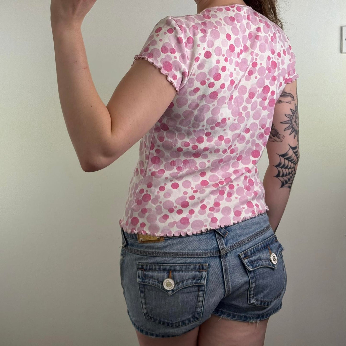 Y2K vintage polka top t shirt top v neck ruched bow short sleeve lettuce hem