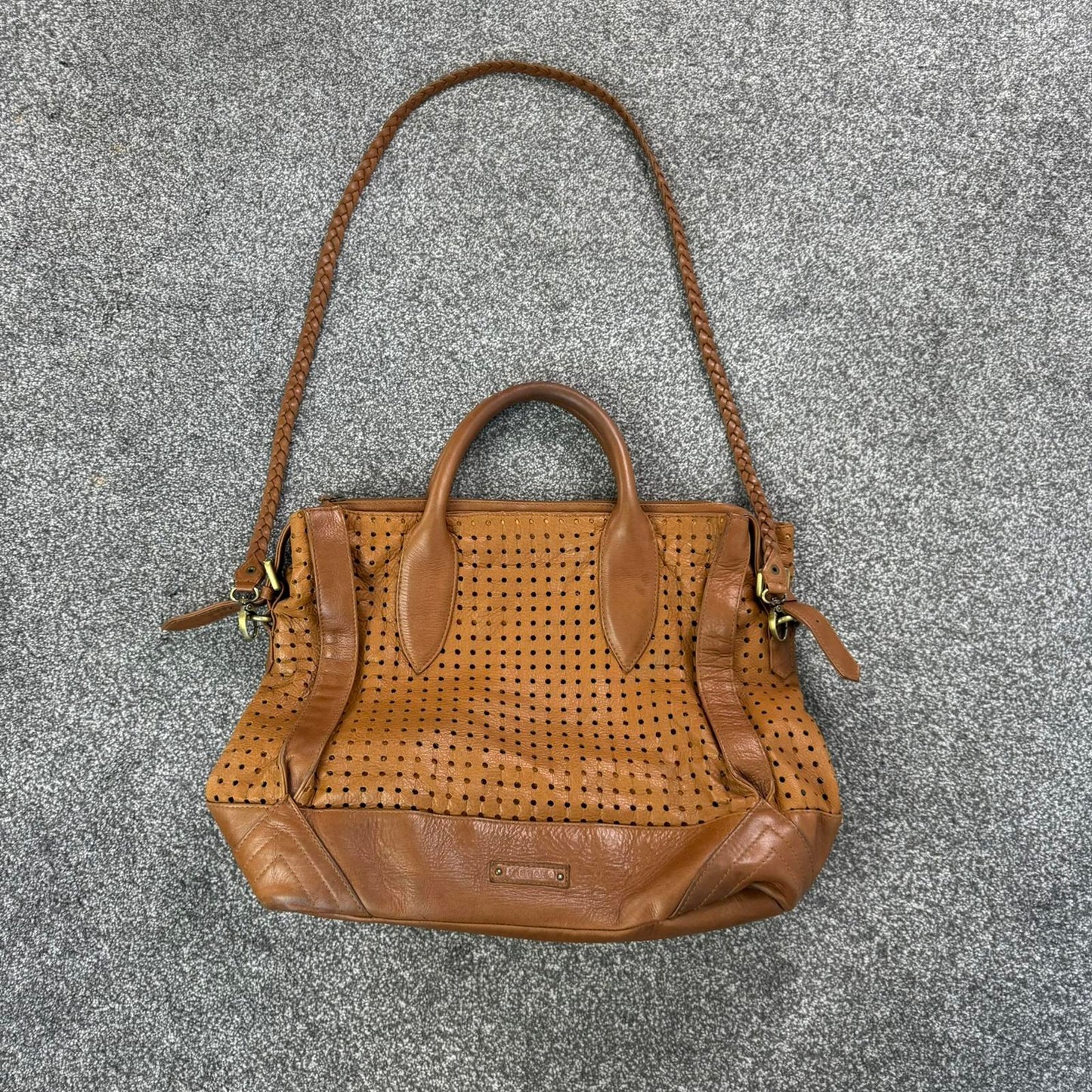 Oversized genuine perforated leather handbag braided strap large buckles boho