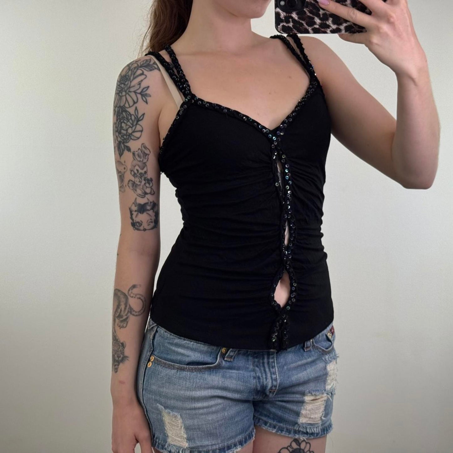 Y2K vintage cut out sequin tank top cami ruched keyhole v neck strappy stretchy