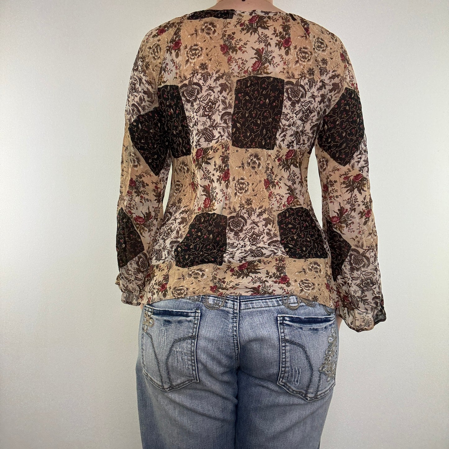 Y2K vintage blouse top sheer floral flared sleeve bow boho