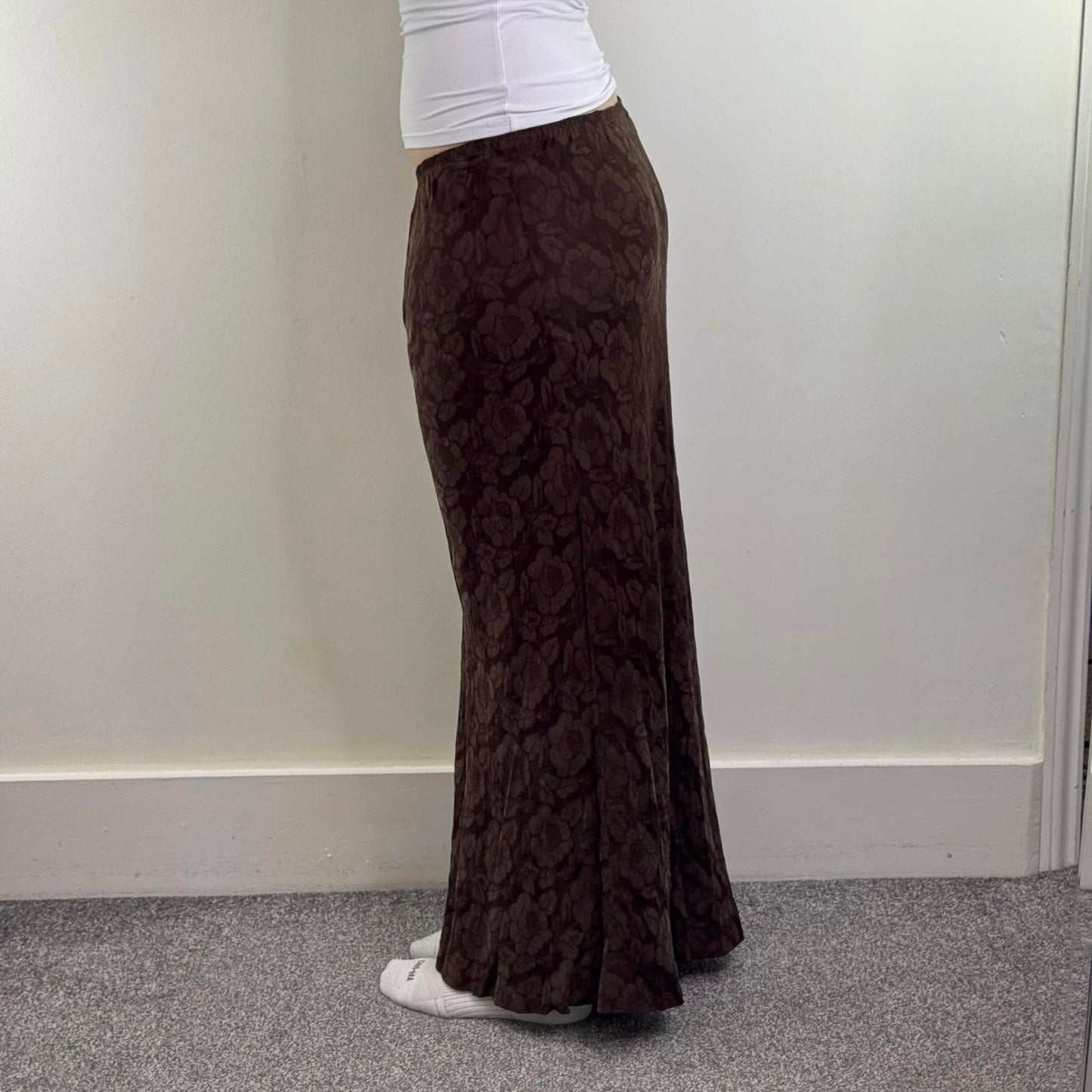 Y2K vintage stretchy floral maxi skirt brown cupro rose pattern a line flowy