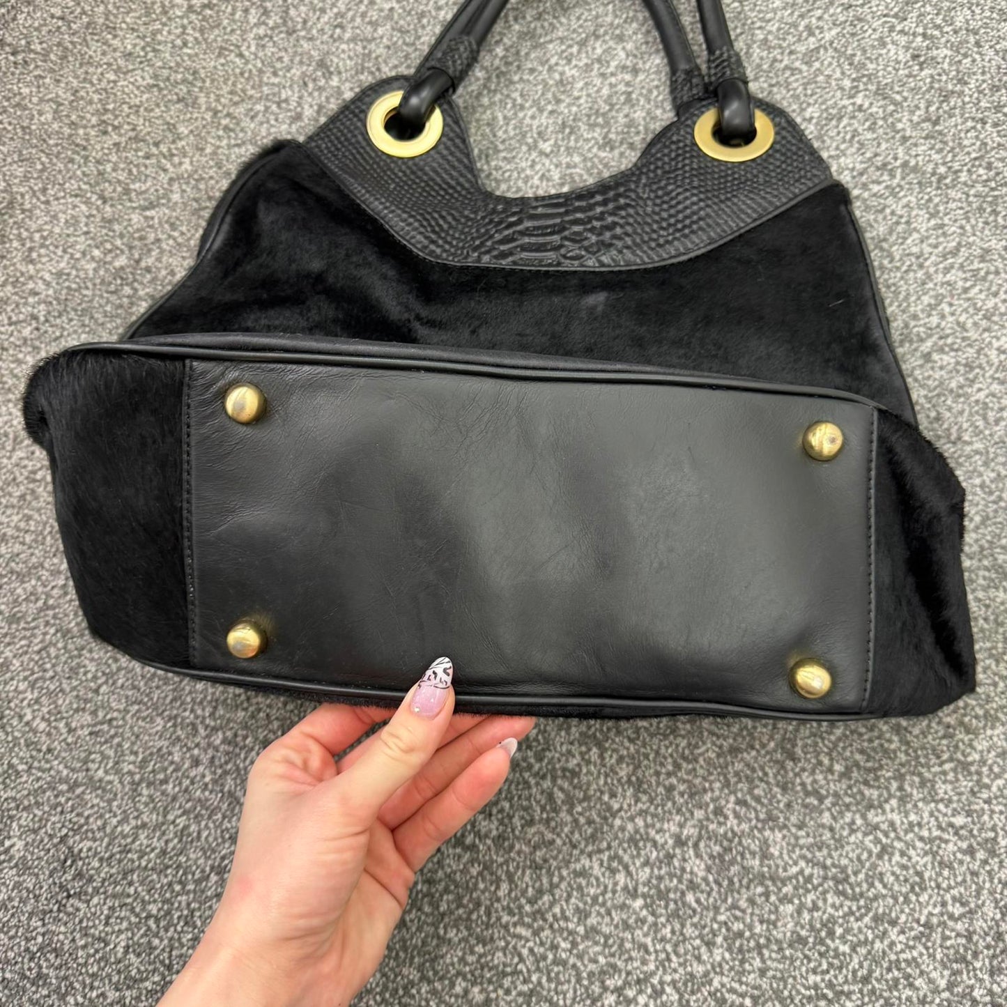 Y2K vintage genuine pony fur leather shoulder bag handbag croc print black gold