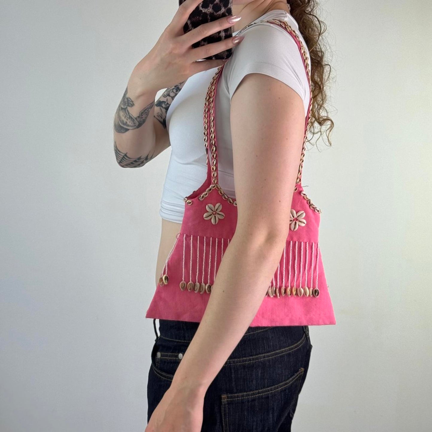 Y2K vintage sea shell shoulder bag pink tassel beaded beach summer holiday