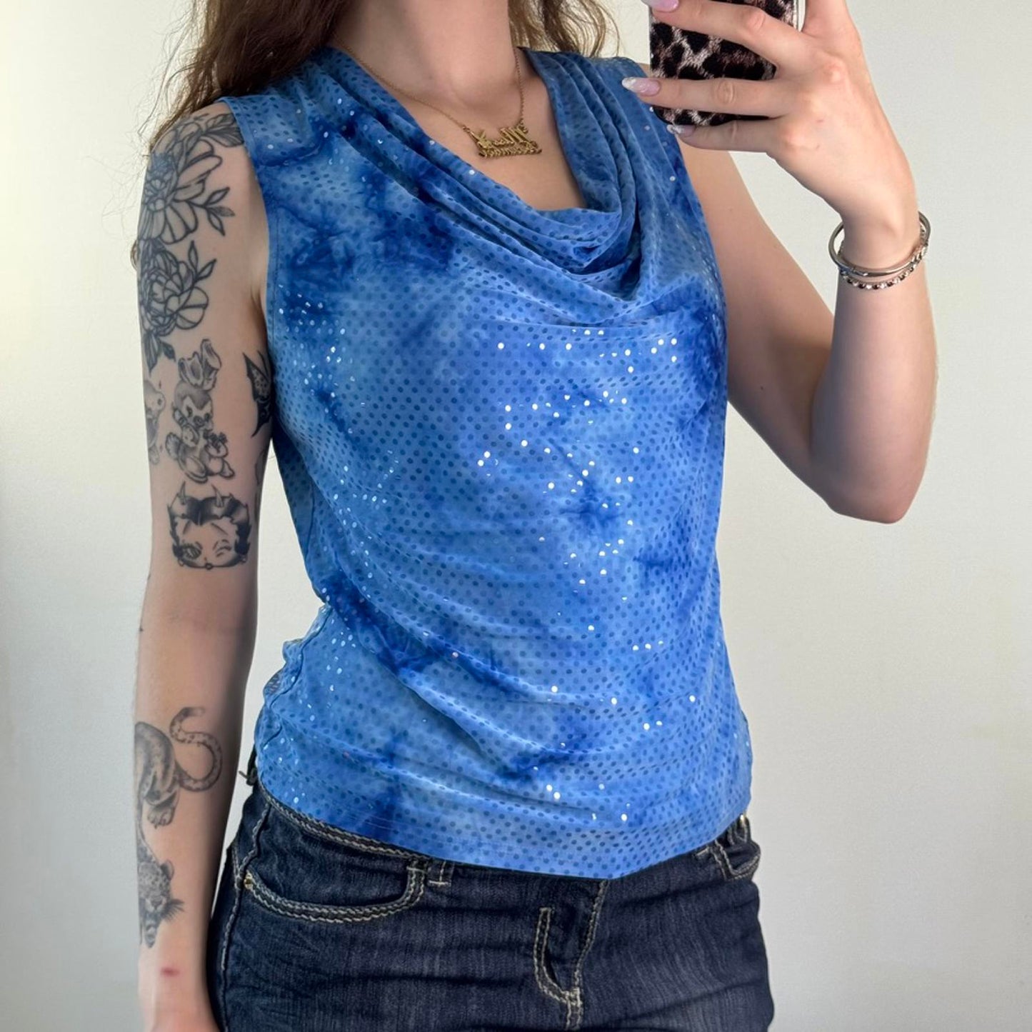 Y2K vintage cowl neck slinky tank top stretchy fitted shimmer blue tie dye