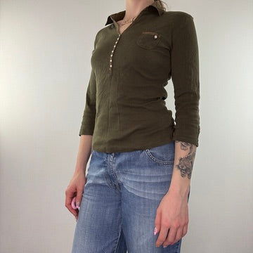 Y2K vintage khaki henley 3/4 sleeve polo top