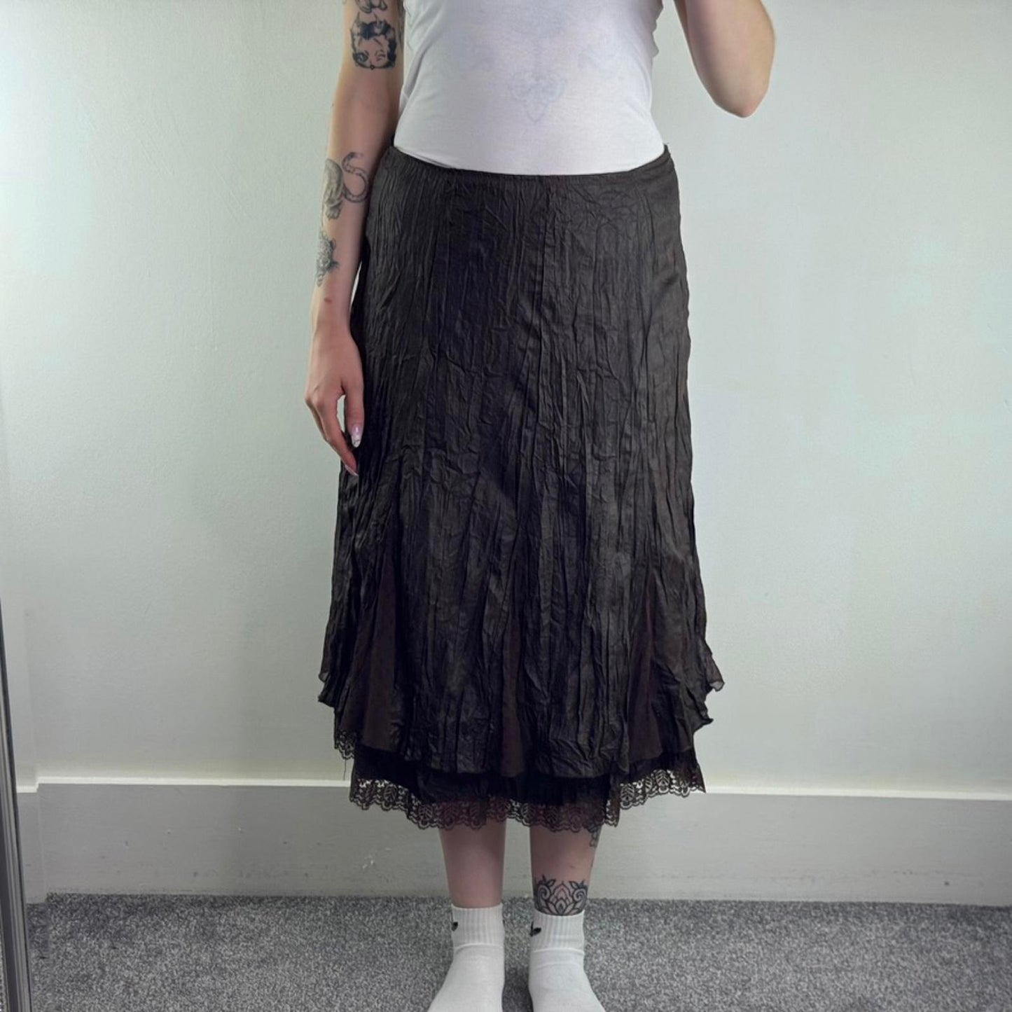 Y2K vintage crinkle lace trim maxi skirt a line brown